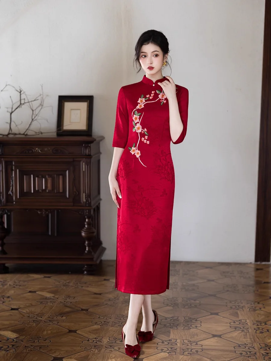 جديد تشيباو 2025 طبعة الخريف/الشتاء النمط الصيني مزاجه أنيقة طويلة محبوك الجاكار فستان التخسيس #1