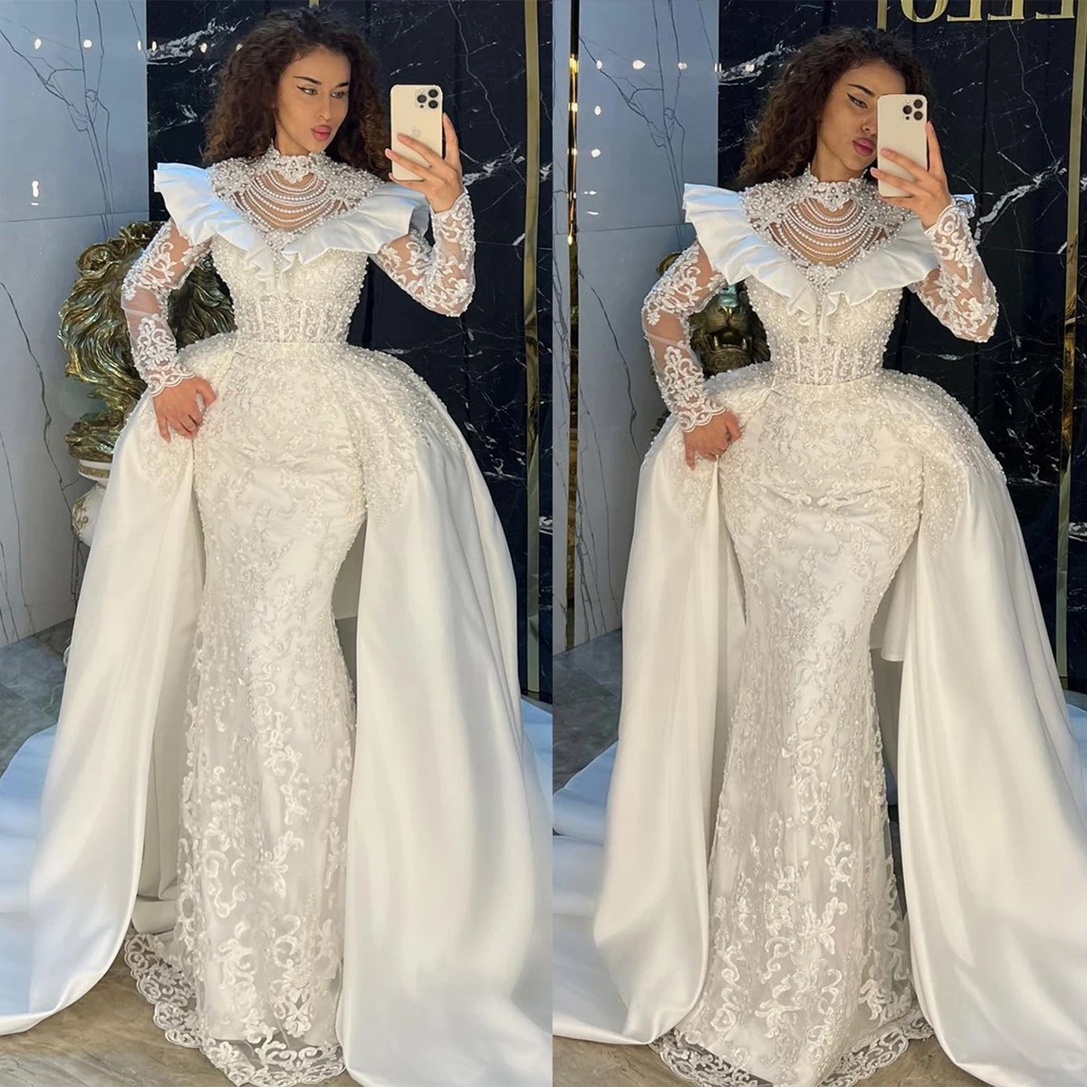 Princess Wedding Dresses Mermaid High Collar Beads Long Sleeve Floor-Length Elegant Bridal Gowns Vestido De Noiva Custom Made