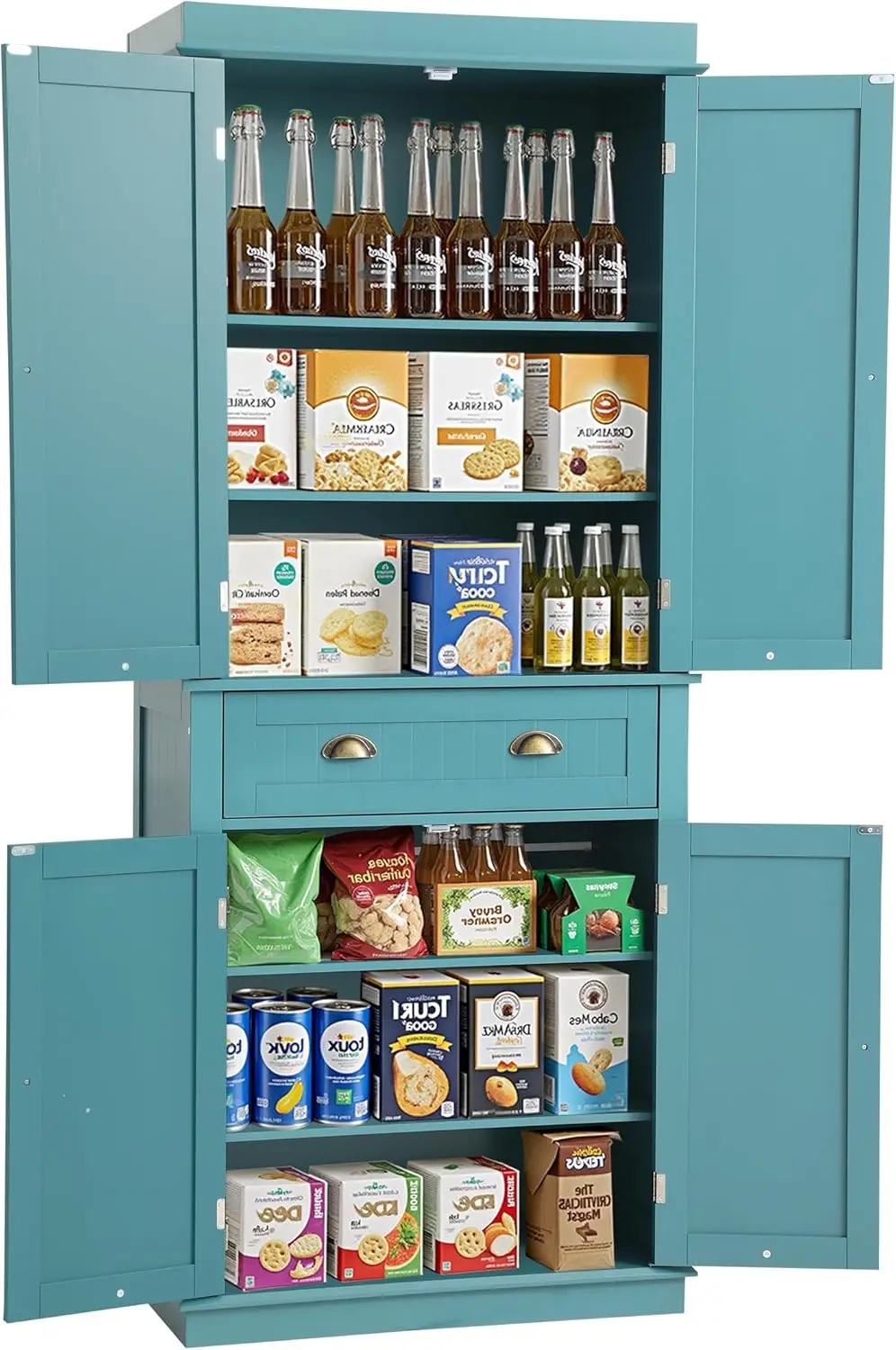 Turquoise Wood Tall Kitchen Pantry Cabinet for Kitchen, Dining and Living Room with Drawer and 4 Adjustable Shelves