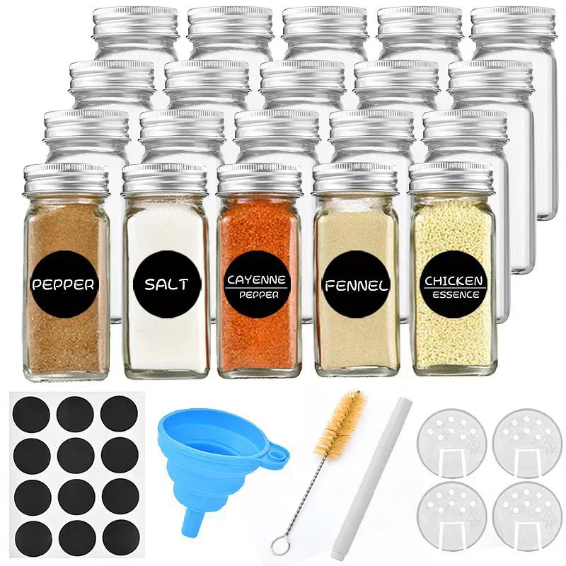 

12Pcs Glass Spice Jars with Labels 4oz Empty Square Spice Bottles Containers,Condiment Pot with Lids,Airtight Metal Caps,Funnel