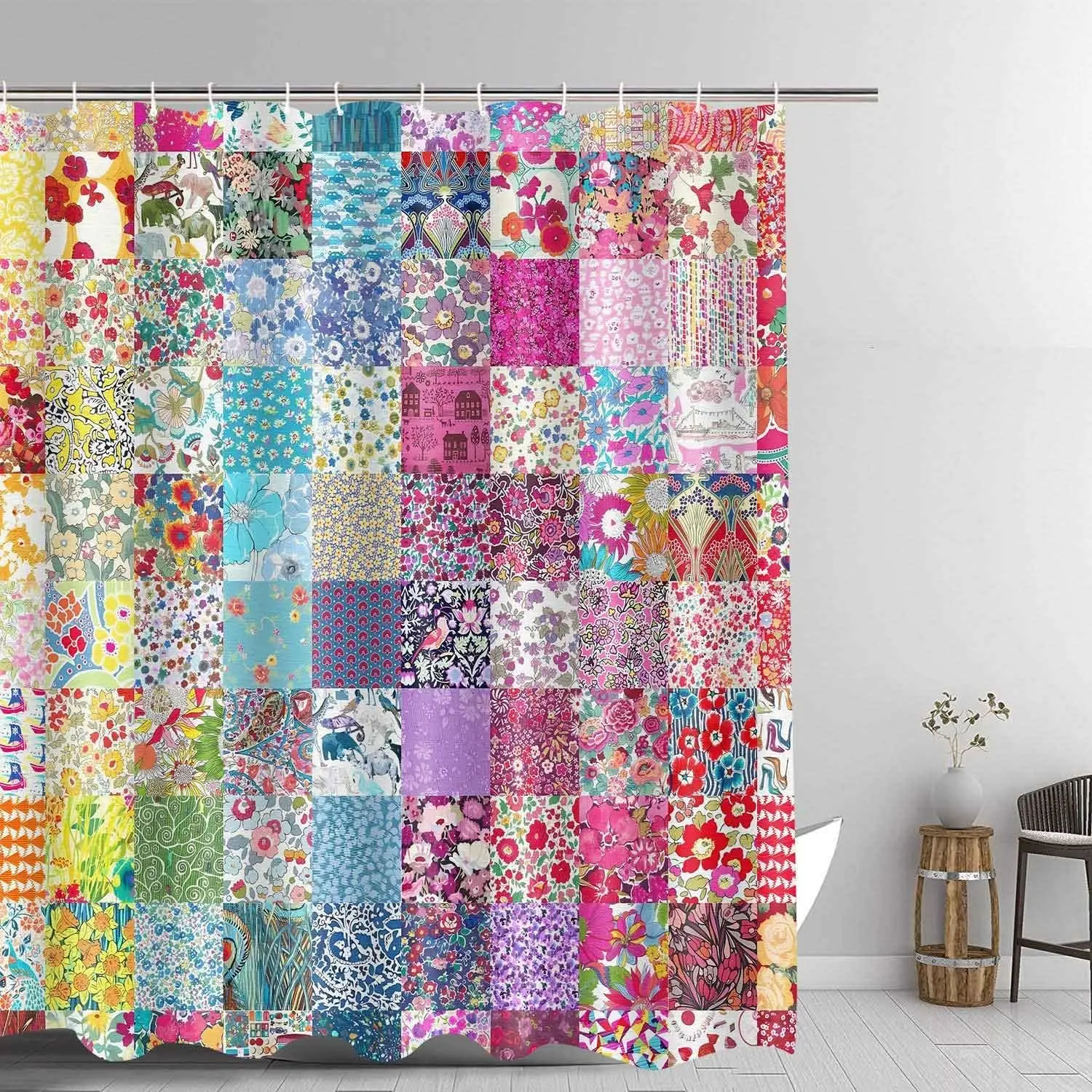 Boho Patchwork Shower Curtain, Spring Blooming Splicing Flowers Pattern Shower Curtains, Home Decor Art Shower Curtain