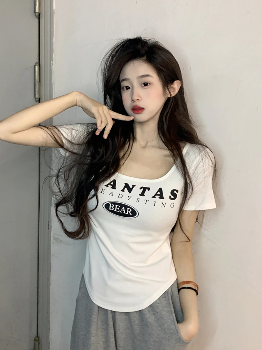 plus Size Korean Sle Pure Desire Spicy Girl U-Ne ort Sve T-irt Faionable Versatile Base Layer Women's Slimming Top