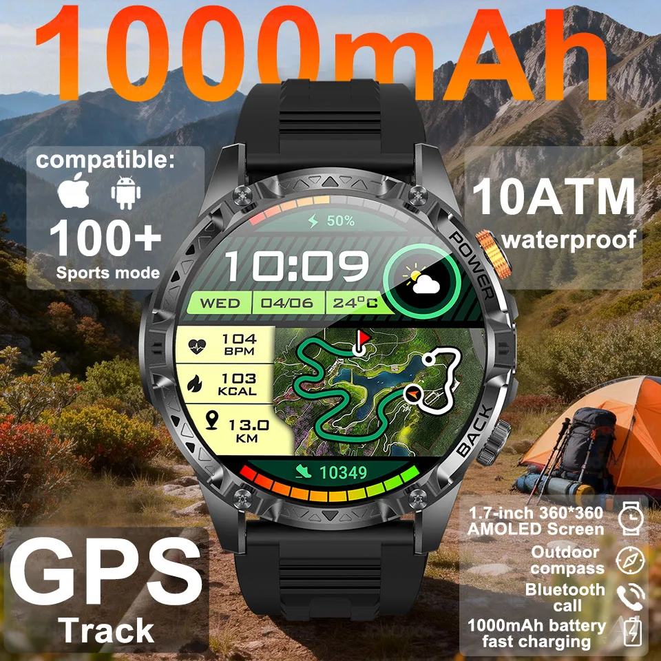 

Смарт-часы для мужчин с GPS, компасом, водонепроницаемостью 3ATM, HD-экраном 1,7 дюйма, Bluetooth-вызовами, аккумулятором 1000 мАч, новинка 2026 года