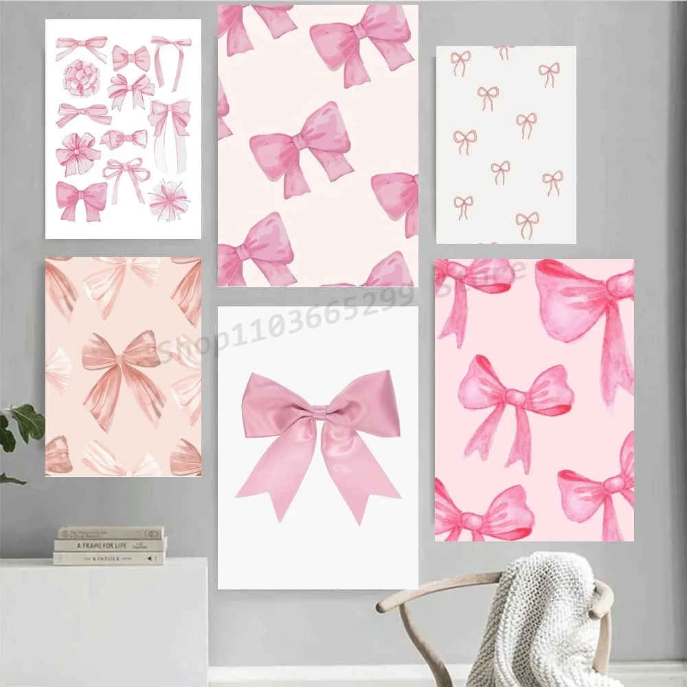 1pc Vintage Trendy Art Pink Bows Colorful Cherry College Poster Self-adhesive Art Waterproof Paper Sticker Wall Decor