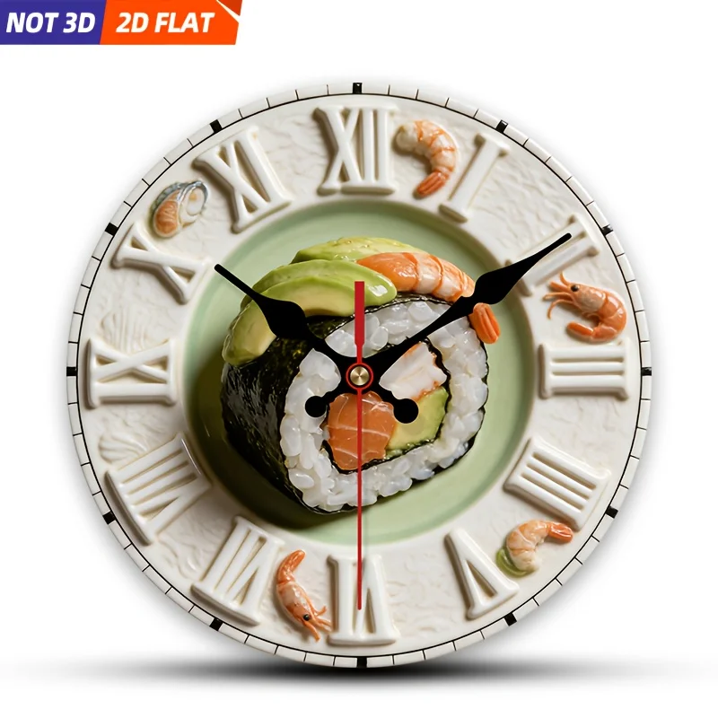 2D Flach. 1 Stück. Wanduhr mit Sushi- und Meeresfrüchte-Motiv, geräuschlose dekorative Uhr, kreative Wanduhr, geeignet für Schlafzimmer, Wohnzimmer