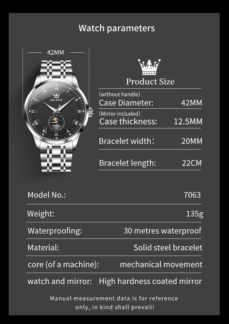 OLEVS 7063 القمر المرحلة التلقائي الميكانيكية ساعات رجالية الفولاذ المقاوم للصدأ 30 متر مقاوم للماء ساعة مضيئة الأصلي الفاخرة رجل ساعة #6