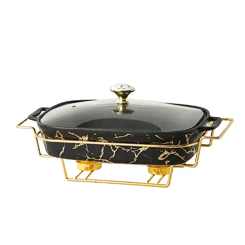 Fashion Hot Sale Nordic Black White Marble Porcelain Pots,Casserole Ceramic Tray with Glass Lid Gold Shelf