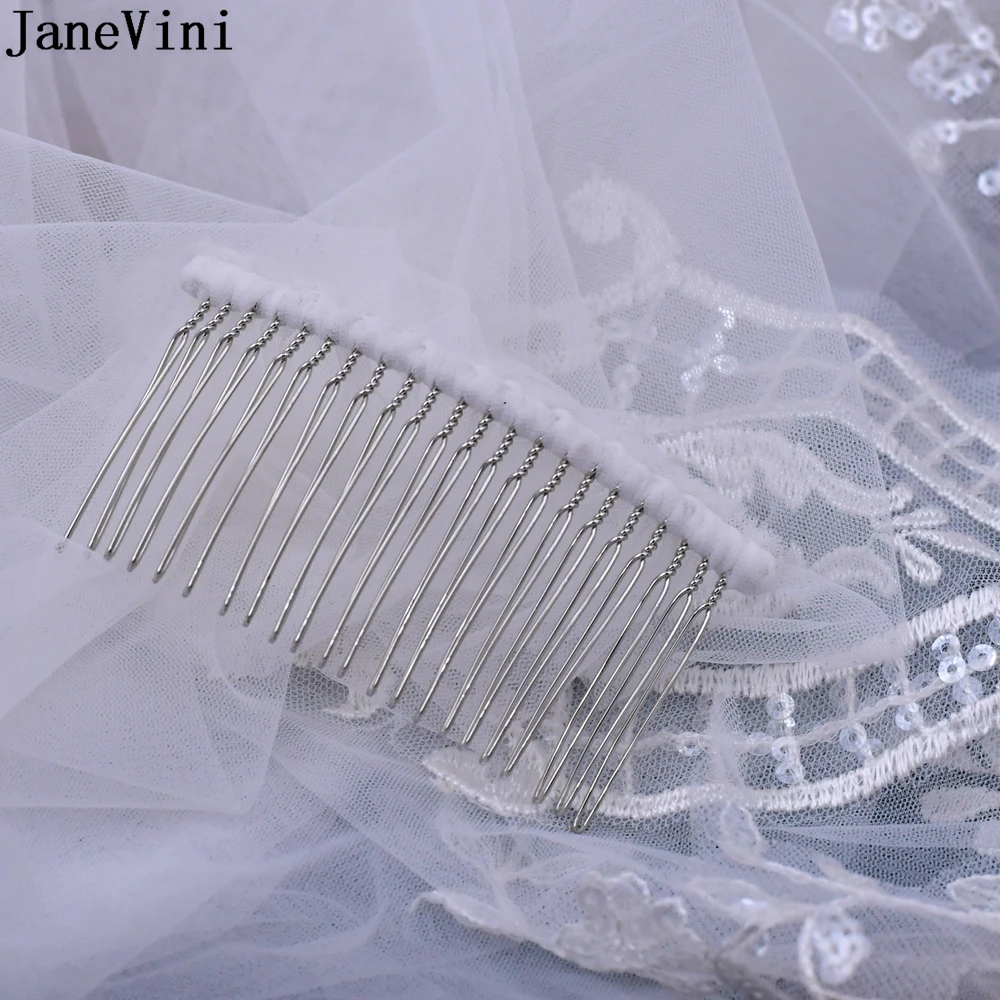 JaneVini Fashion V Shape Wedding Bridal Veils with Comb Lace Appliques Sequined Edge Tulle 3 Meters Cathedral Long Bride Veil