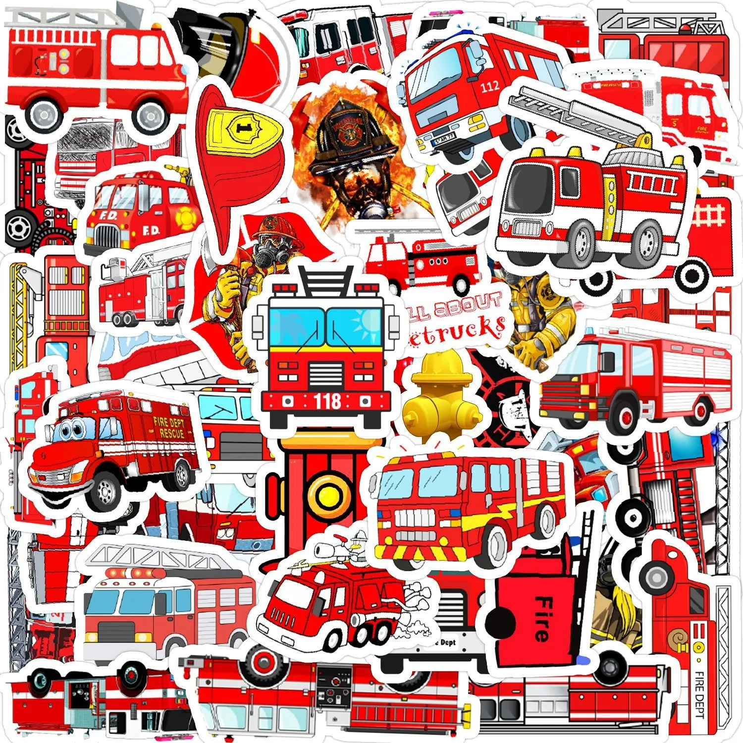 50pcs Fire Fighting Truck Fireman Graffiti Sticker Skateboard Suitcase Guitar Kettle Deco Laptop Skin Waterproof Phone Case