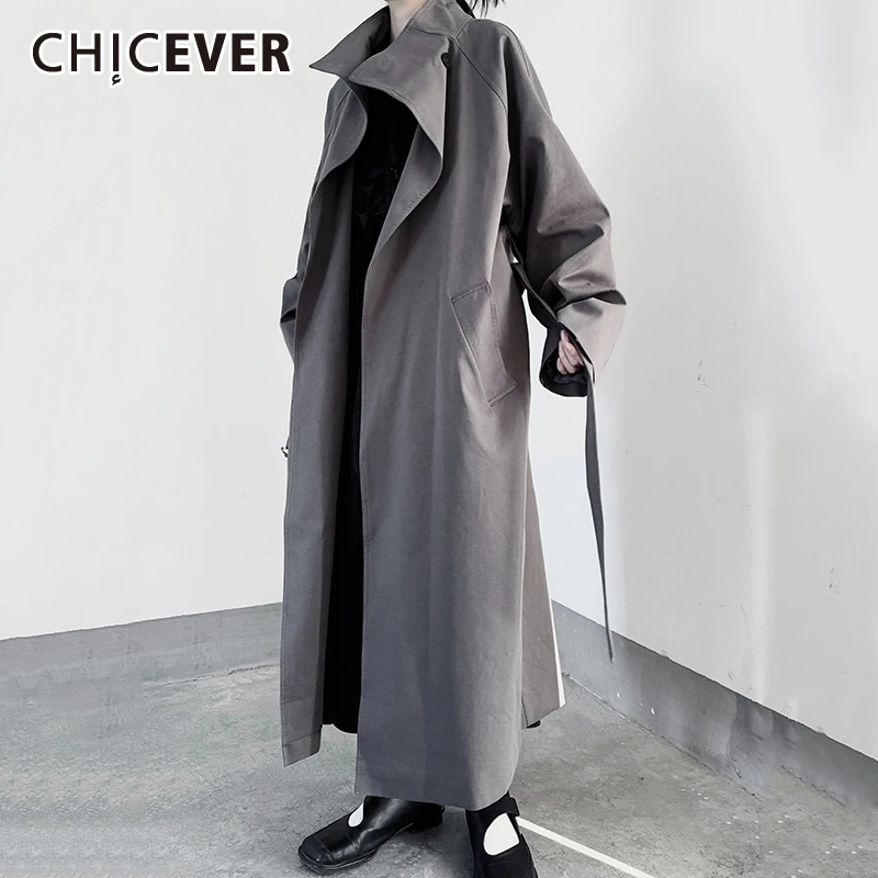 

CHICEVER Minimalism Style Trench With Pockets For Women Stand Collar Long Sleeve Patchwork Lace Up Cardiagan Windbreaker Female