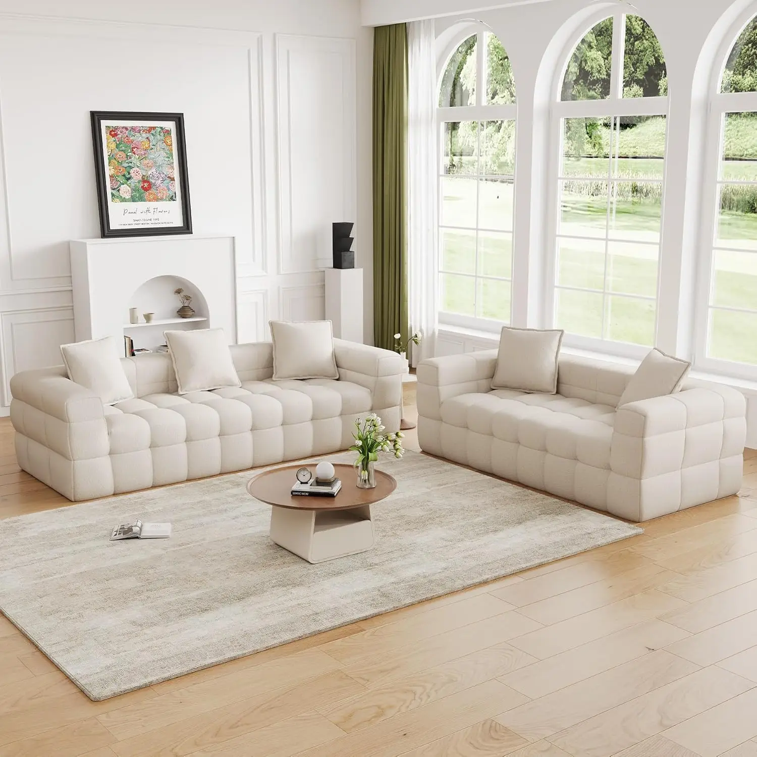 

2 Piece Tufted Deep Seat Loveseat & 3 Seater Chenille Cloud Sofa Set Living Room No Assembly Beige White, Customized