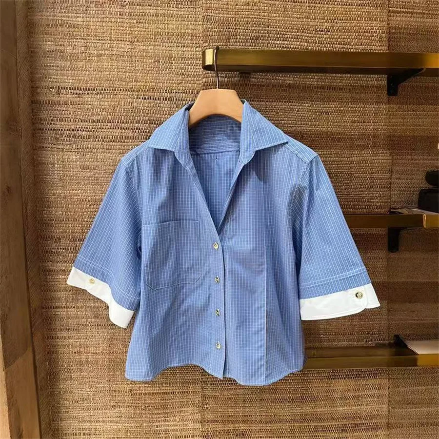 

French Niche 2025 Early Autumn Versatile Color-Block Rolled-Cuff Collar Metal-Button Hidden Plaid Fresh Shirt