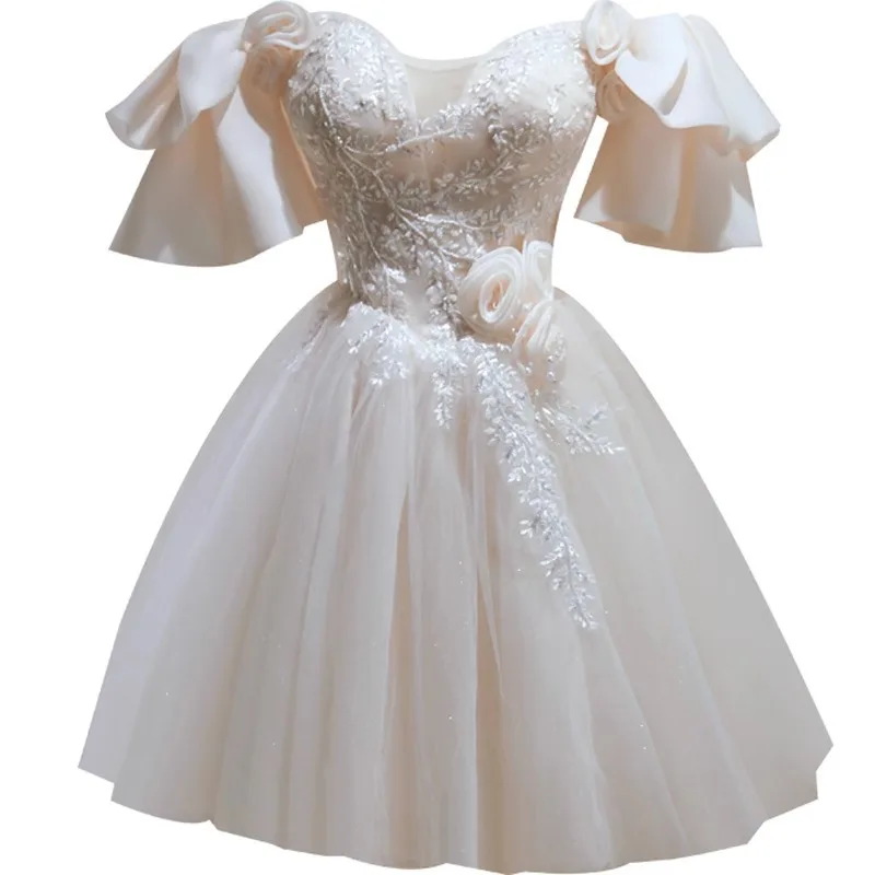 Abito da sposa corto personalizzato con spalle scoperte, maniche morbide, lunghezza al ginocchio, abito da laurea, evento speciale, abiti da festa di compleanno