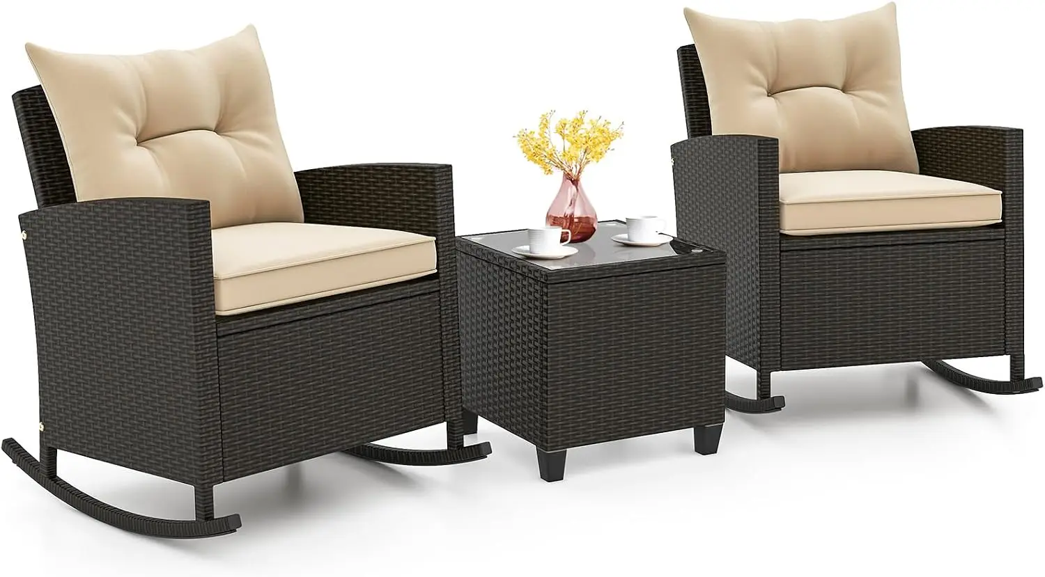 3 Piece Patio Furniture Rocking Bistro Set, Wicker Outdoor Rocking Chairs & Glass Table, PE Rattan Conversation Set for Porch, B