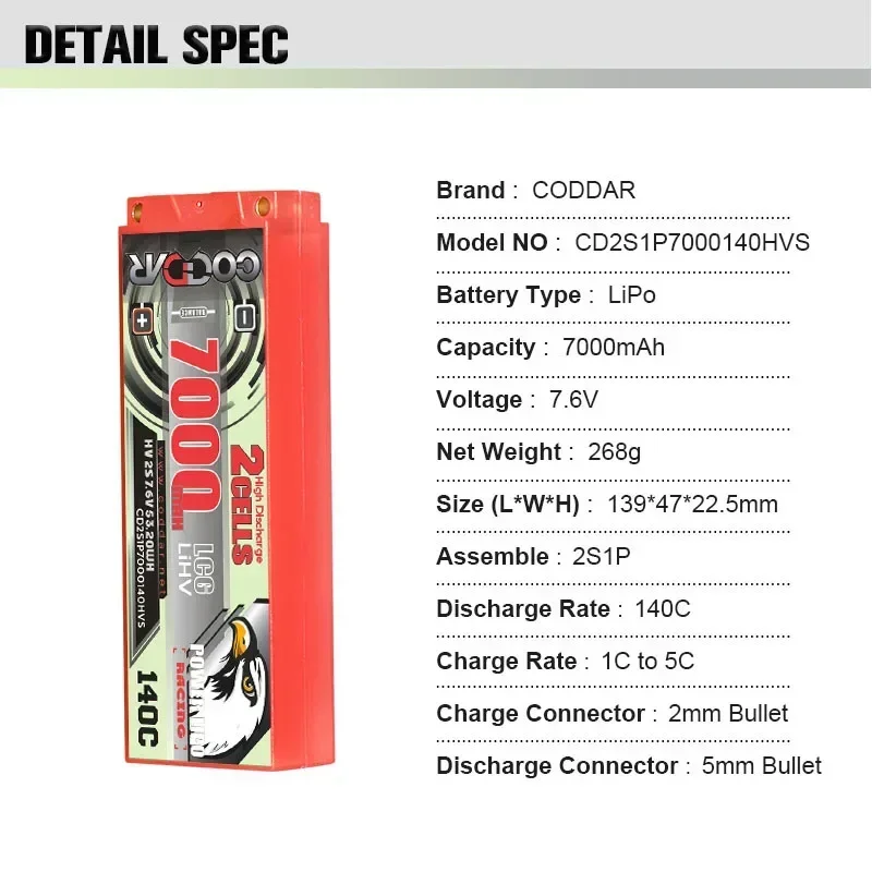 CODDAR 2S 7000mAh Lipo Battery 7.6V 140C with XT90 T  XT60 Plug For RC Vehicles Car Tank Truck Boat Truggy Racing Model LIHV