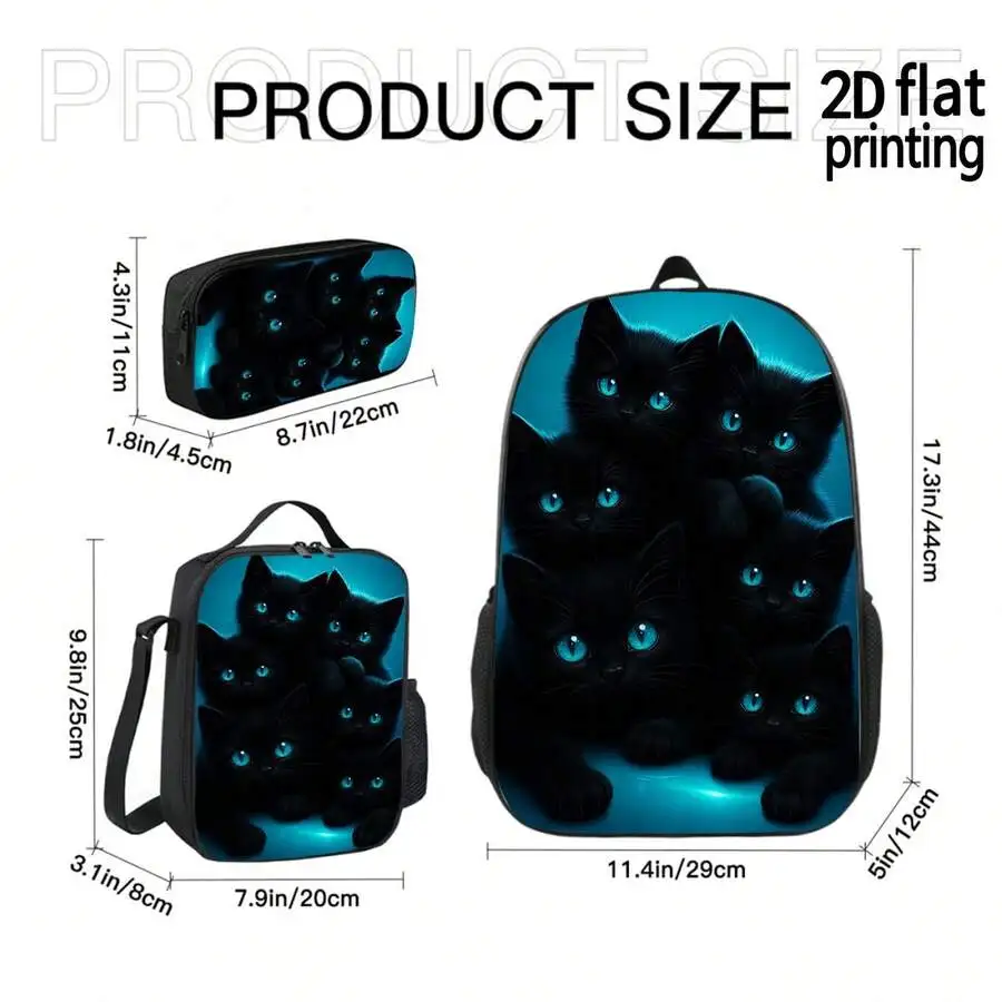 

3-Piece Cat Print Backpack Set: Lightweight Casual Bag For School Work Travel