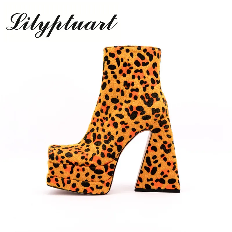 

2022 Women's Spring, Autumn and Winter New European and American Fashion Leopard Print Thick High Heel Side Zipper Ankle Boots