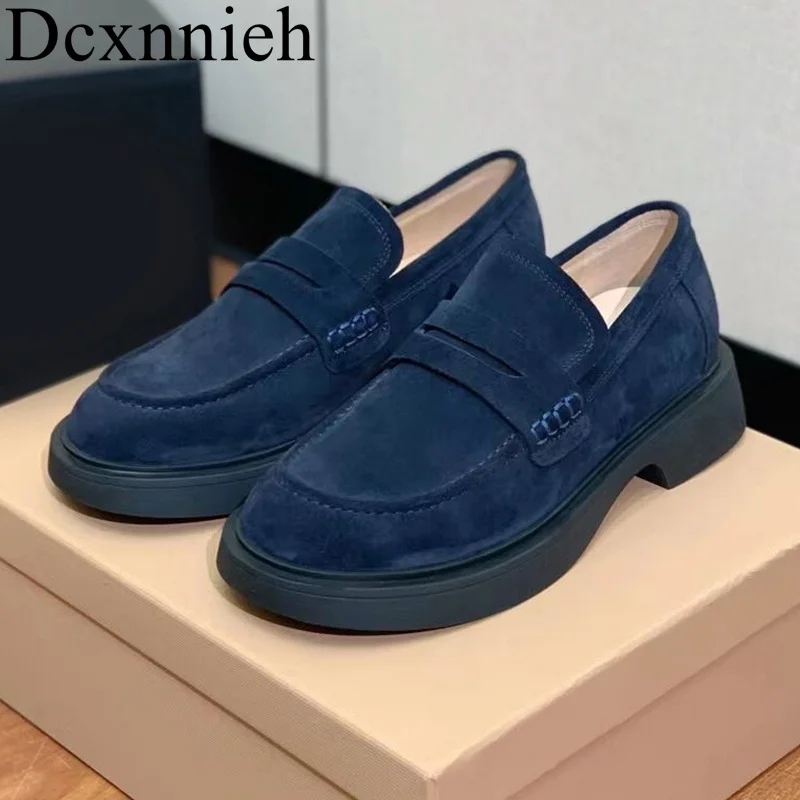 

Round Toe Kid Suede Dou Dou Shoes Women Deep Mouth Flat Thick Sole Walking Shoes Ladies Spring Autumn Vacation Lazy Loafers