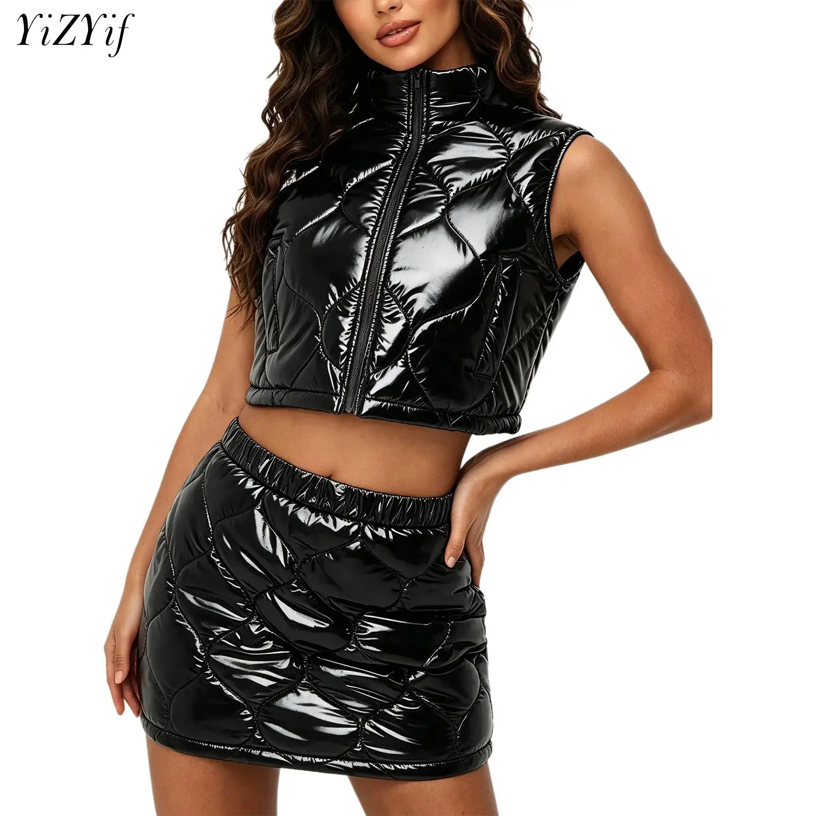 Womens Glossy Clubwear Set Quilted Puffer Padded Warm Winter Outfit Fashion Sleeveless Zipper Crop Vest Jacket with Mini Skirt