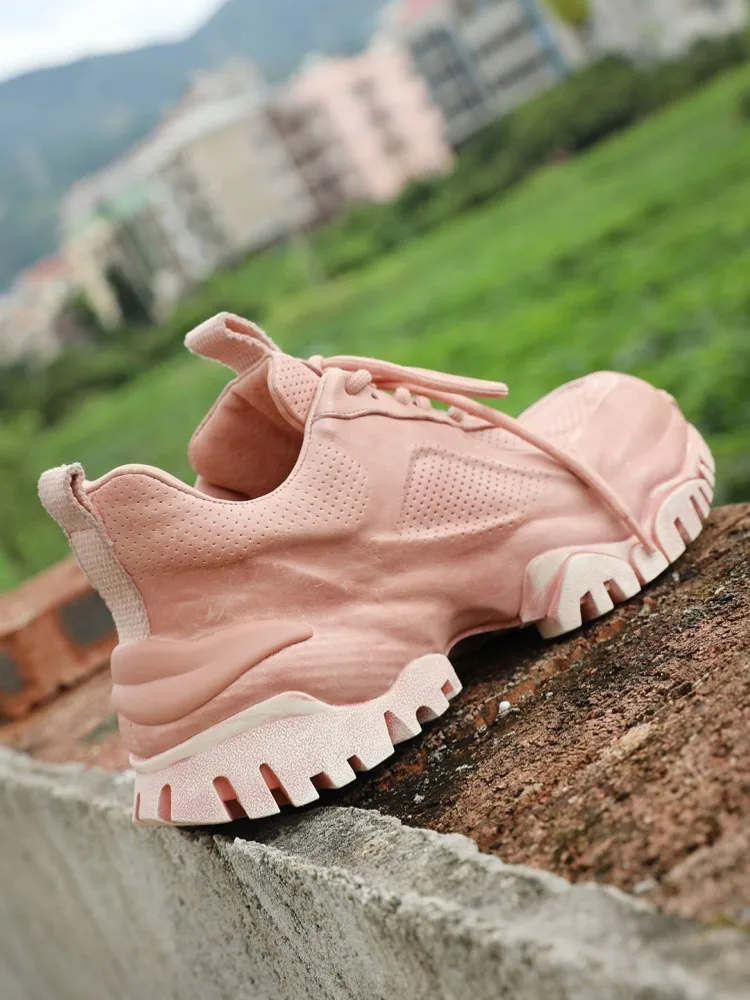 Outdoor Athlete Women Running Shoes Breathable Horsehide Genuine Leather Sports Shoes Antiskid Thick Platform Training Sneakers