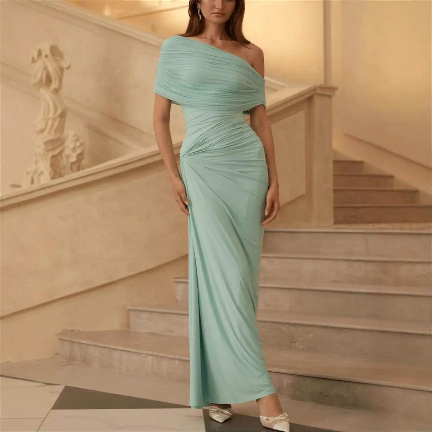 

Faionable Sexy Slim Fit Pleated oulder Bared Long Dr Cross-Border Women's High Waist Ball Gown Sle Tee-acetate Fiber