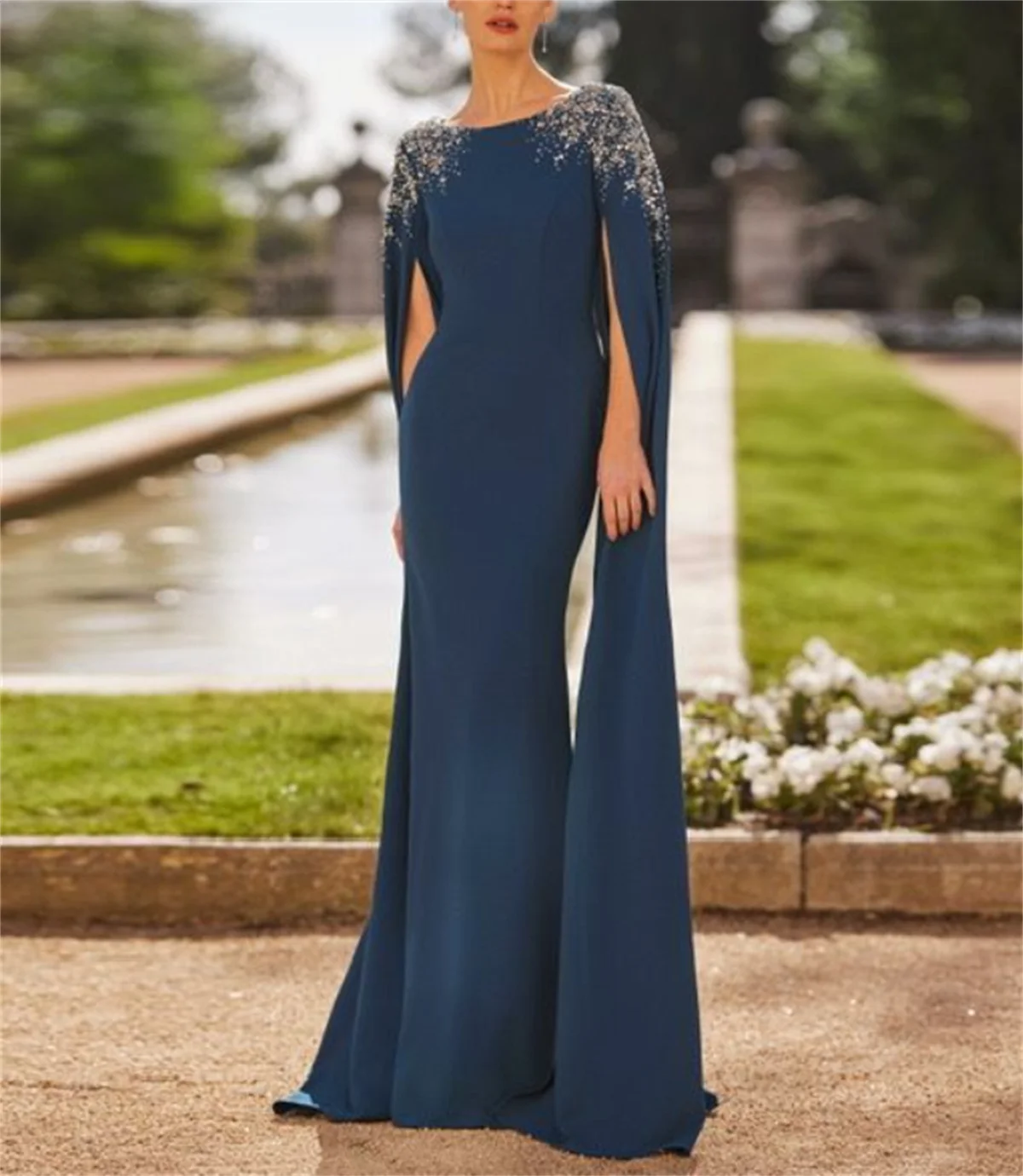 Elegant Blue Slim Fit Evening Dress Long Sleeve Hat Chiffon Fabric Prom Dress Formal Occasion Party Shoulders Diamond Sequins