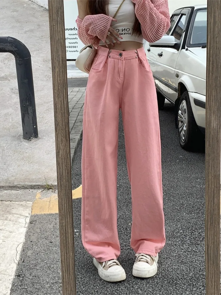 

Washed Pink High Waist Wide Leg Jeans For Women's 2023 Spring And Autumn New American Slimming Loose Straight Leg Denim Pants