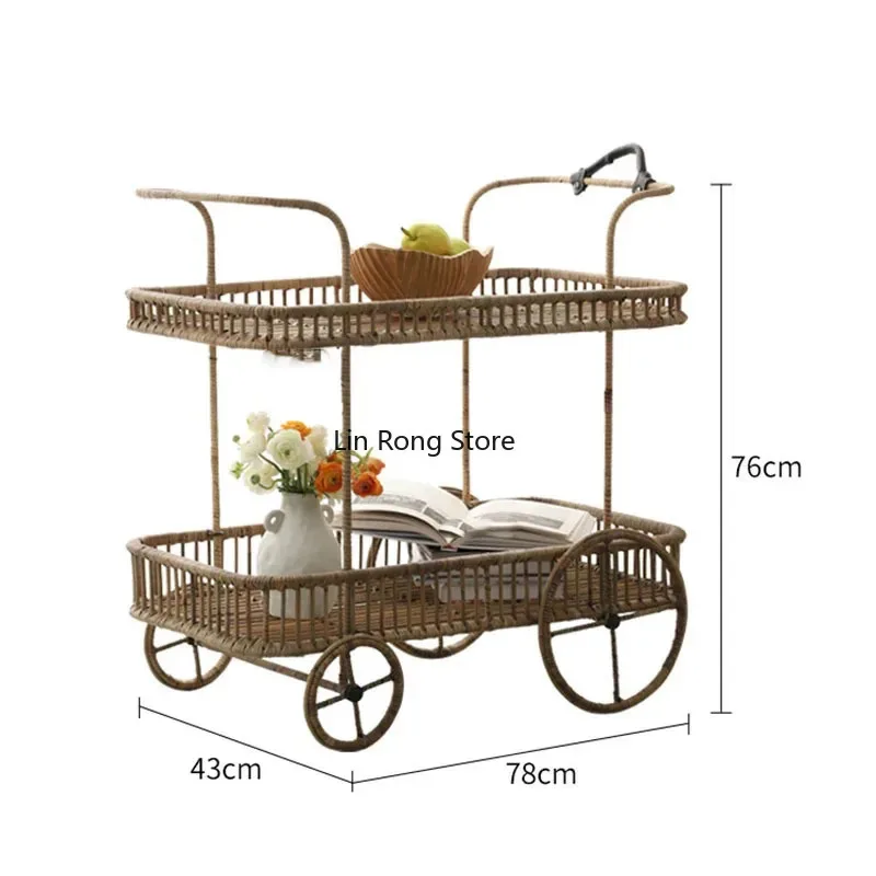 Japanese Style Sofa Side Table Modern Rattan Living Room Balcony Creative Four-Wheel Tea Table Furniture Vintage Storage Rack