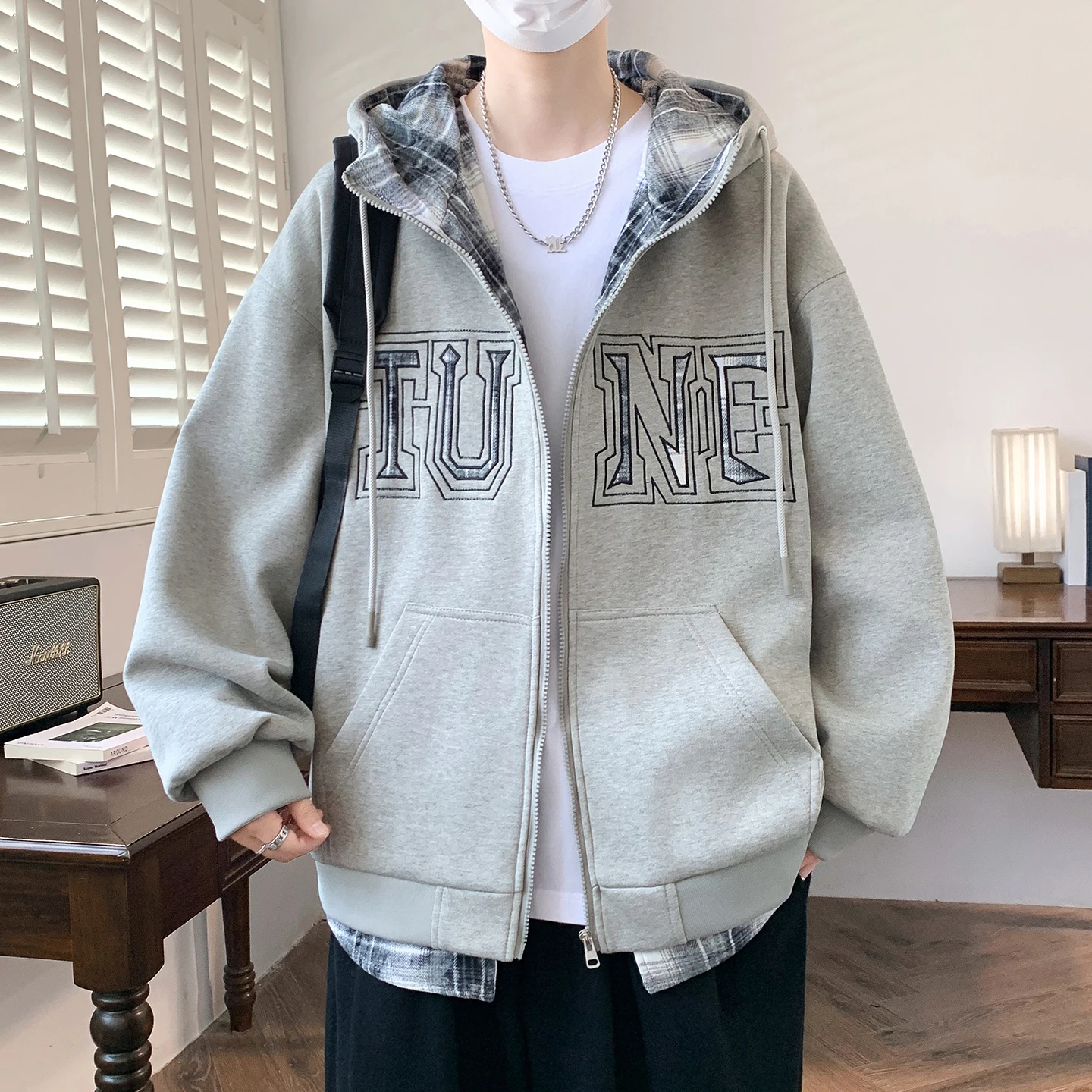 

American Sle Men's Open Cardigan Jaet Spring Autumn Trendy Loose Fit Hooded Versatile Haome Casual Top Polyester Cotto...