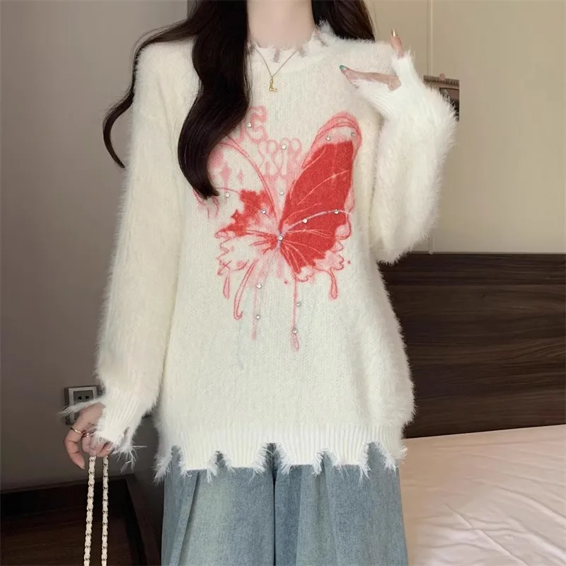 

2025 Winter American Butterfly Lazy Round Neck Sweater Women's Design Feeling Loose Soft Waxy Sweater Coat Tide