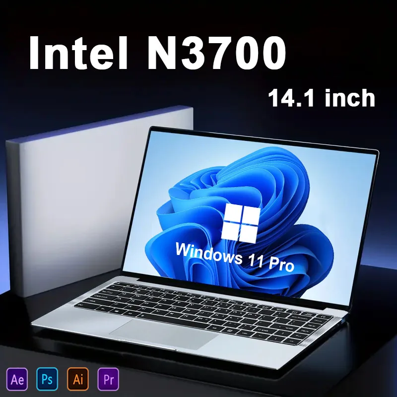 

14.1'' Slim Laptop Intel Pentium N3700 Windows 11 Pro 12GB RAM 512GB 1TB SSD 1920*1080 180° Office Study Notebook Computer PC