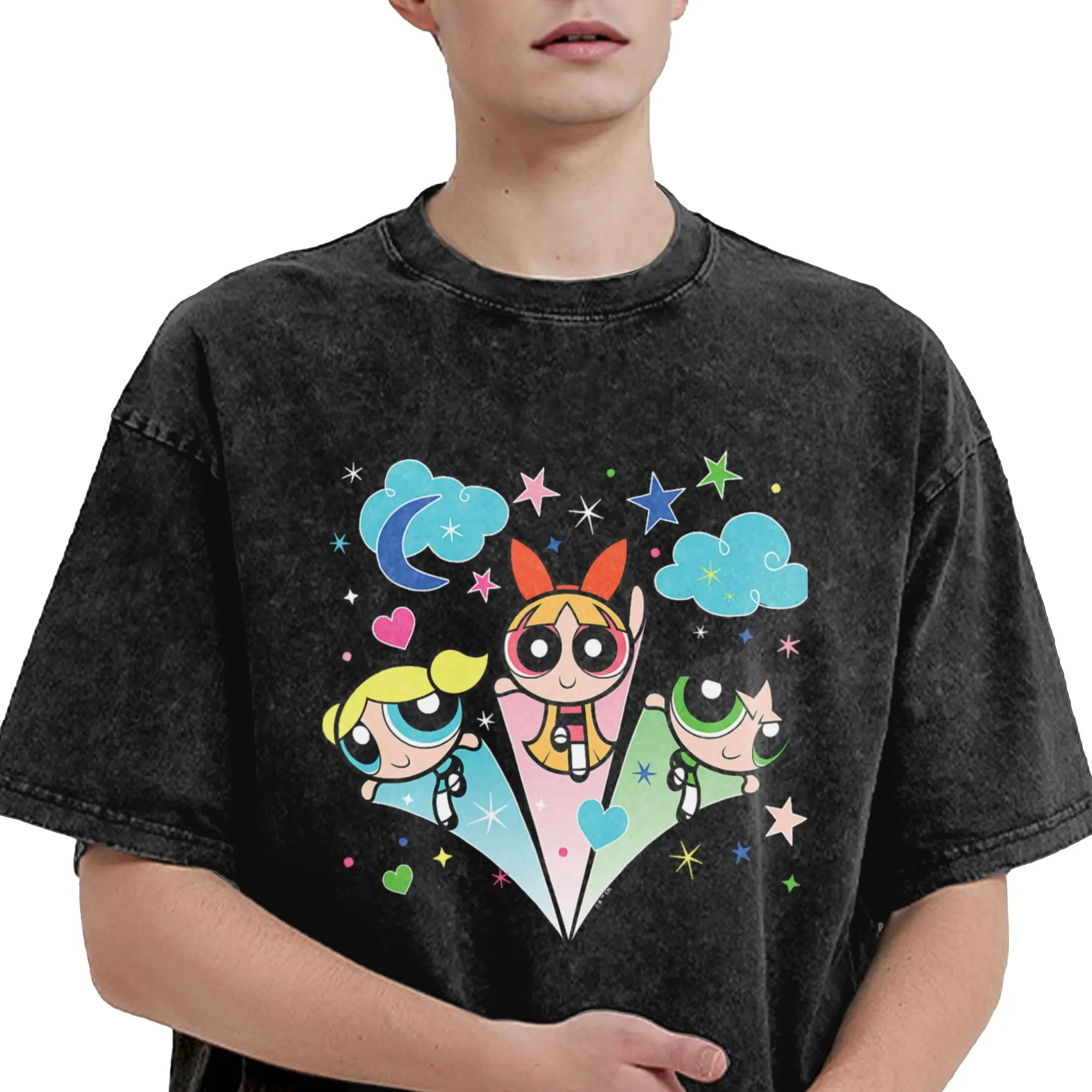 P-PowerPuffs Cartoon Three Girls T Shirts Washed 100% Cotton Oversize T-Shirts Men Women Tops Streetwear Summer Tee Shirt