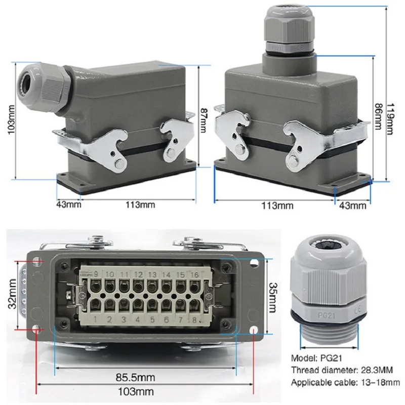 Rectangular Heavy Duty Connector HDC-HE4 6 10  16 24 Core Pin 16A Waterproof Aviation Plug  Top  And Side Line Connector