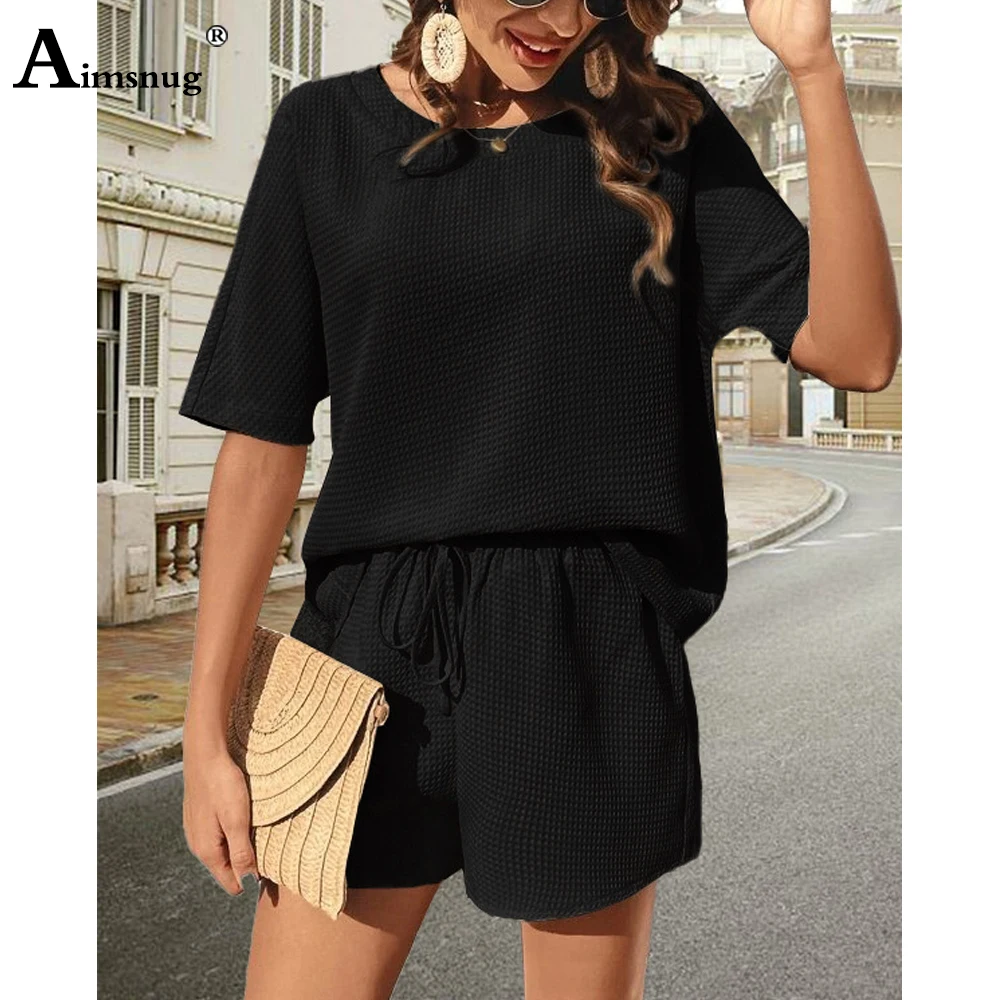 Women Casual Waffle Two Piece Sets 2023 America Europe Fashion Knitted Tops and Elastic Waist Shorts Suits Female Tracksuits Set