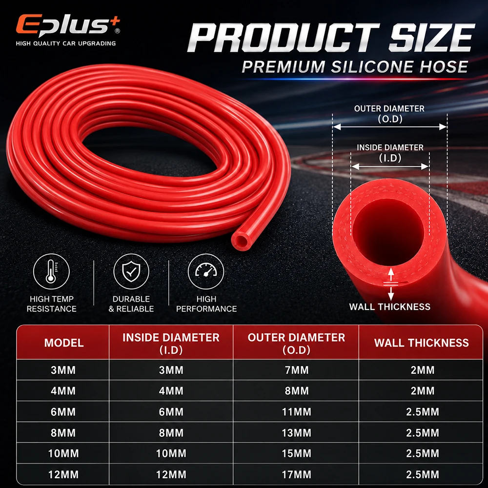 EPLUS Universal Red Blue Black Silicone Vacuum Line ID 3mm-12mm Heat Resistant Flame Retardant Auto Motorcycle Hose