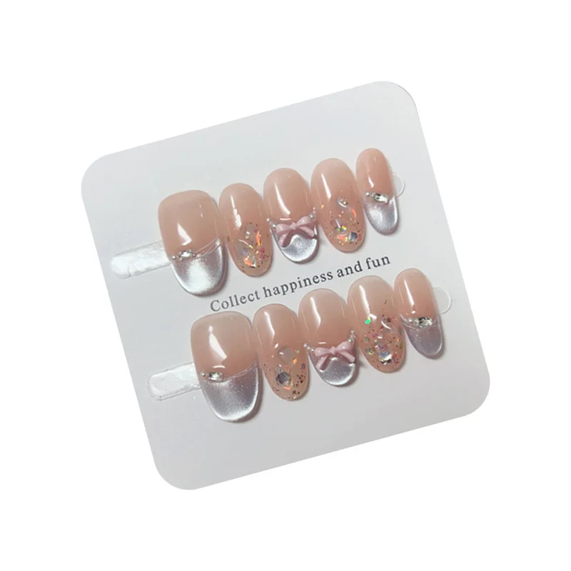 10 Stück handgemachte französische ovale Nägel zum Aufdrücken, glänzende Katzenaugen-Strasssteine, 3D-Schleifen-Design, niedlich, süß, künstliche Nägel, tragbare Nägel, Tipps, Kunst