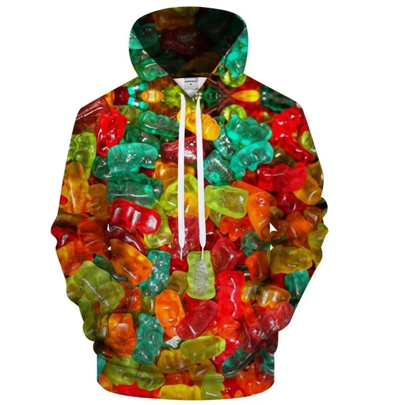 2026 Autumn/Winter 3D Men's Colorful Candy Hooded Sweatshirt with Cartoon Print - Ideal for Outdoor Travel Personalized Styling