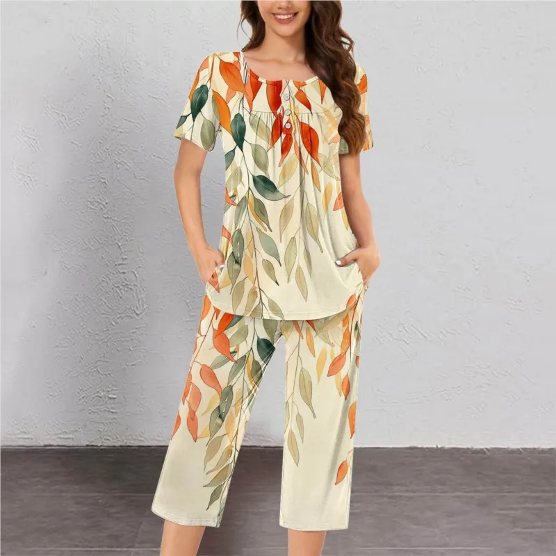 2024 New Printed Suits Ladies Short Sleeve Button Tops And Elastic Waist Calf-length Trousers Spring Summer Homewear Casual Suit