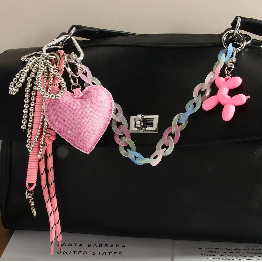 Balloon Dog Bag Charm Pink Heart Pastel Chain Multi Charm Keychain Clip On Purse Handbag Backpack Accessory For Women Girls Cute