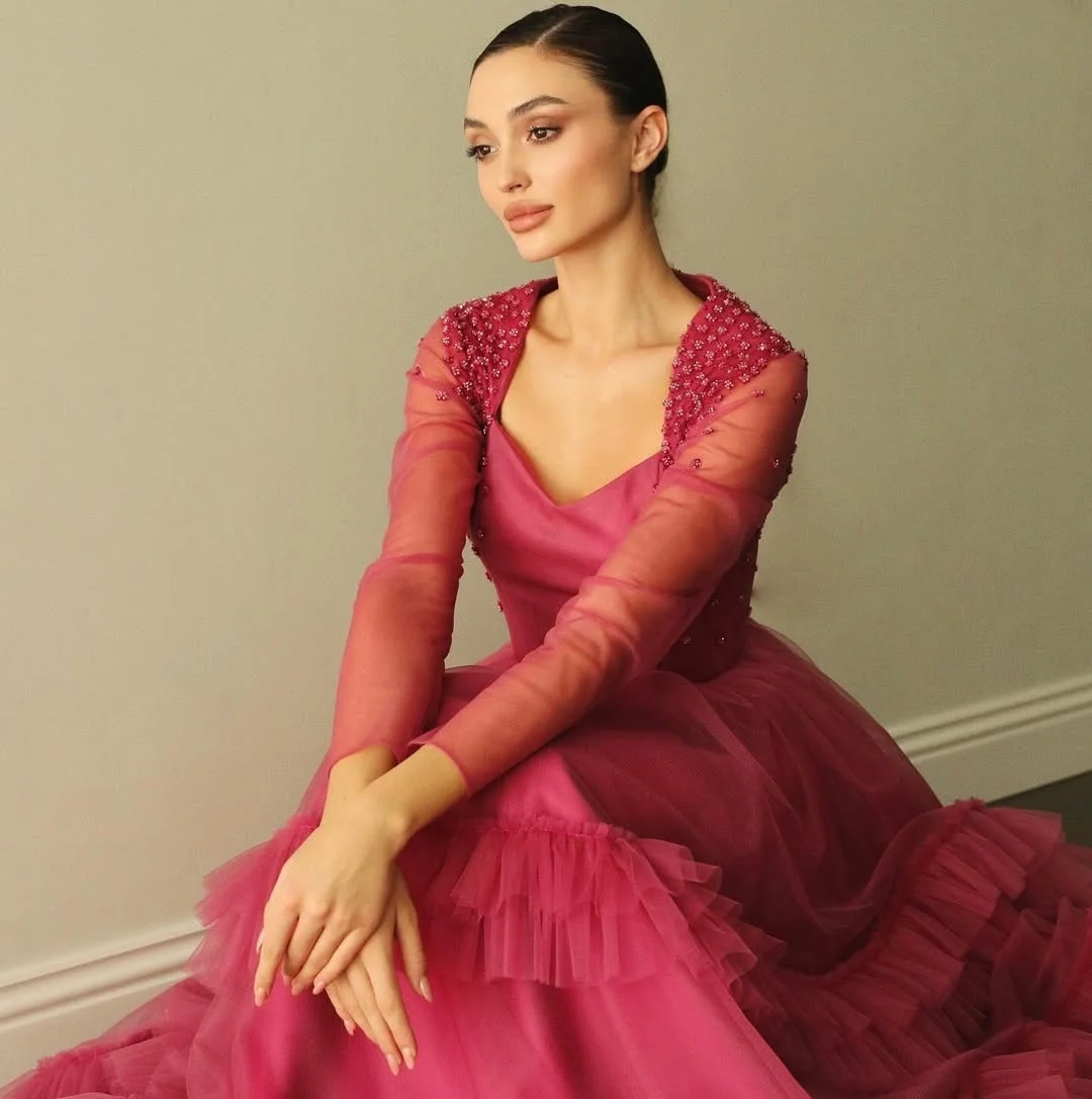 Gorgeous Tiered A Line Prom Dresses Sheer Long Sleeves Pearls Beaded Evening Gowns Floor Length Women Formal Party Dress