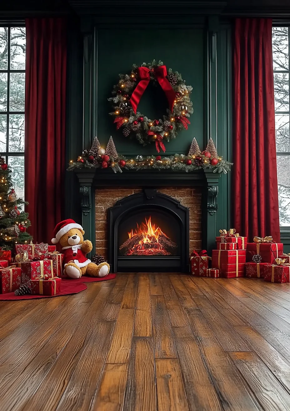 Christmas Home Background Photography Window Fireplace Wood Floor Gift Tree Bear Kids Baby Photo Backdrop Room Decoration Studio