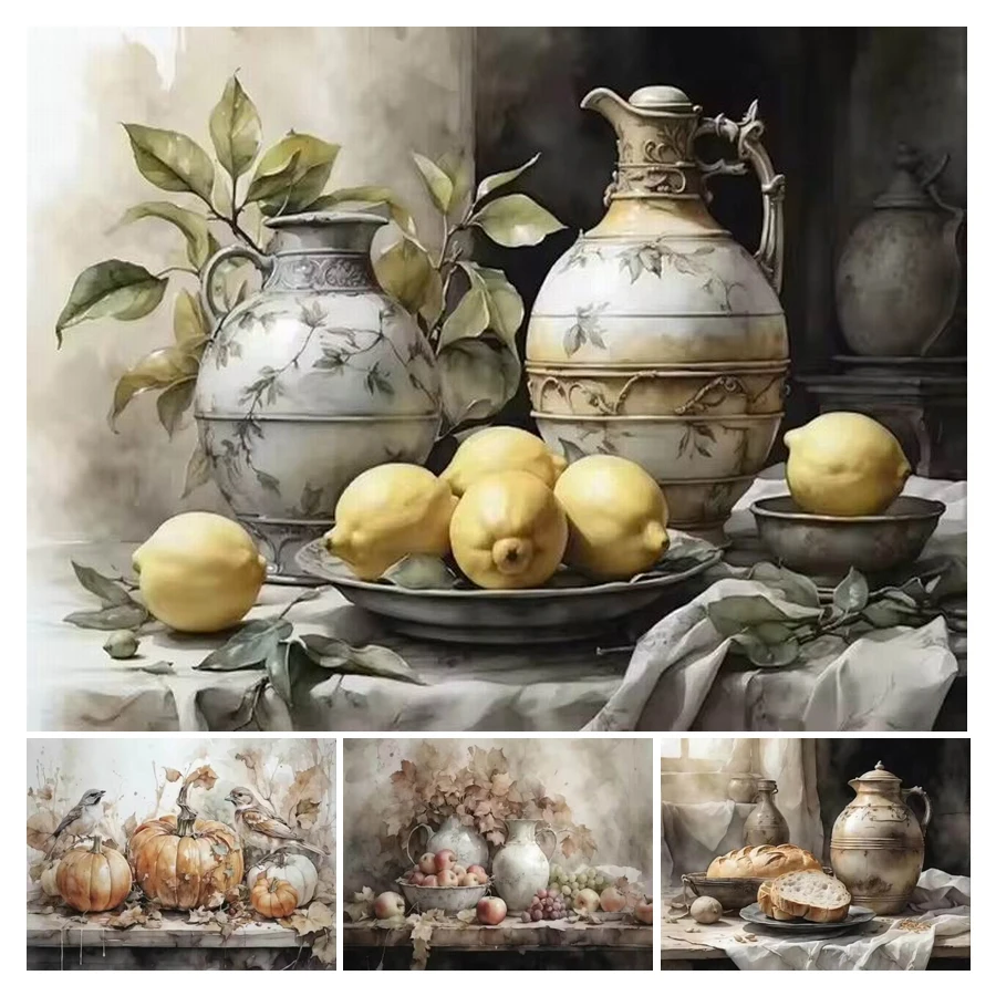 

Fullcang Diy Diamond Painting Kits New Collection Vintage Still Life Vase Lemon Full Mosaic Embroidery Fruit Pictures Wall Decor