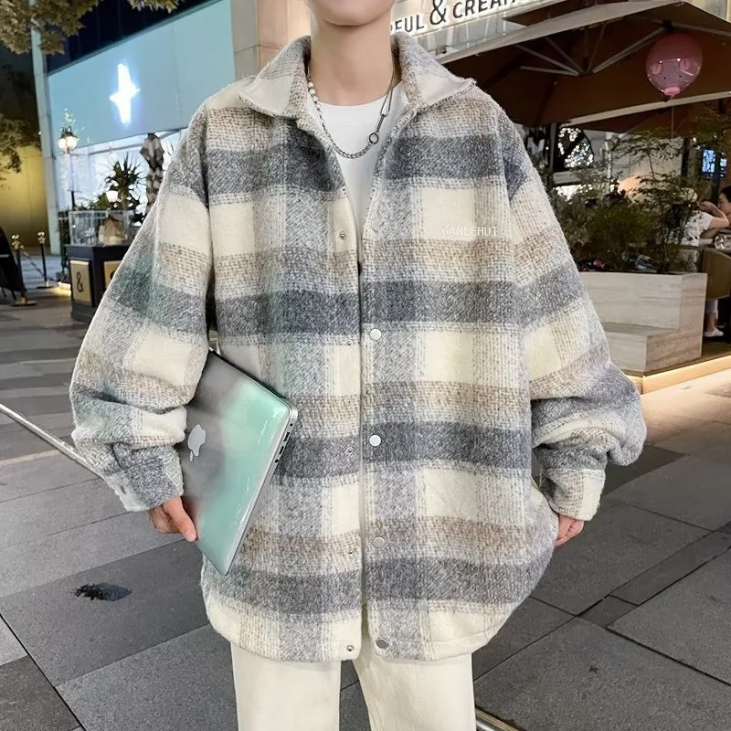 

Мужская винтажная клетчатая флисовая куртка с лацканами, пальто из шерпа с длинными рукавами, верхняя одежда с карманами, теплые мужские рубашки, одежда
