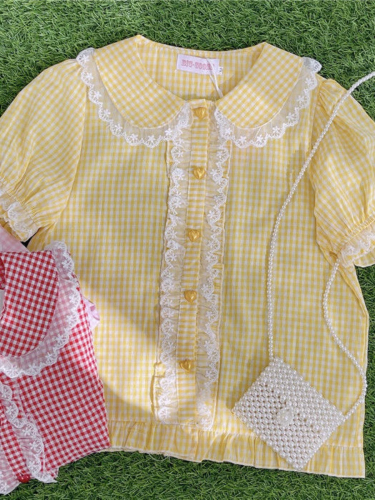 KOSAHIKI Lolita Blouse Retro Plaid Women Lace Ruffle Shirt Peter Pan Collar Short Sleeve s Top Vintage Blusas