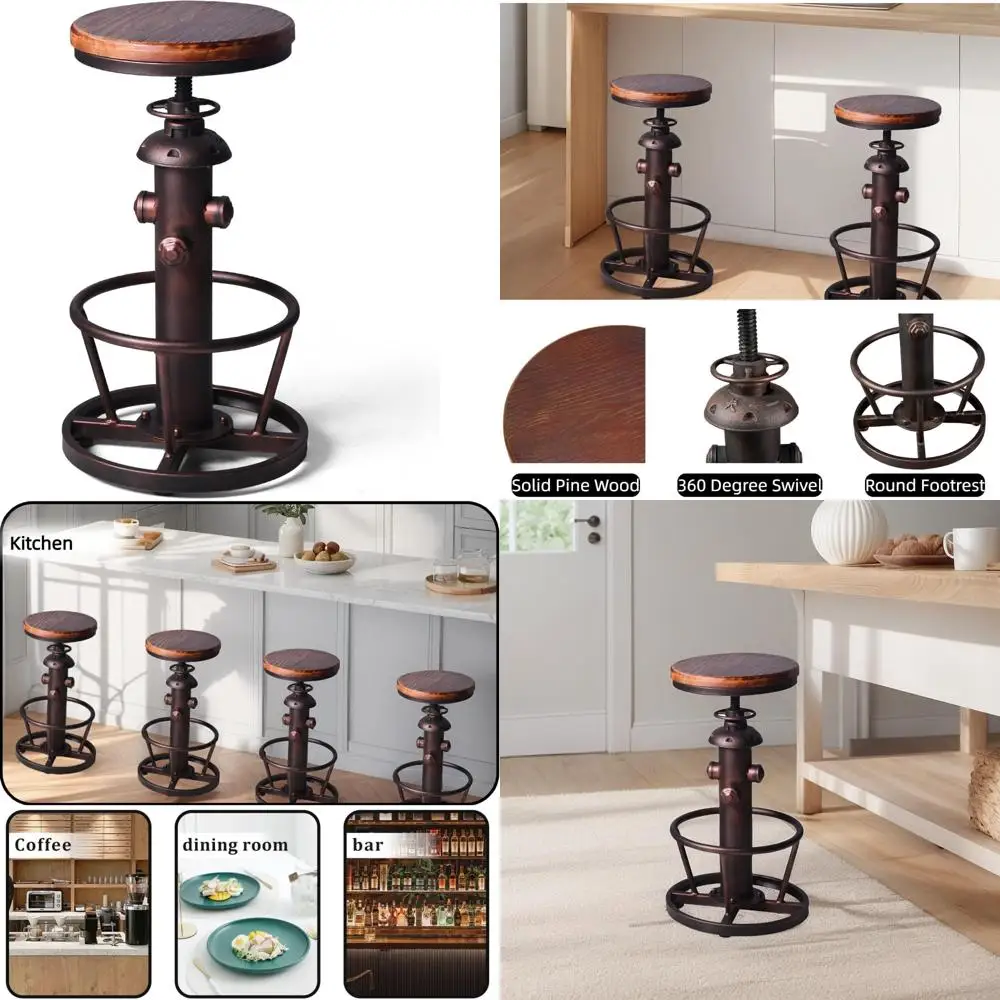 Taburete de bar giratorio industrial vintage de altura ajustable con diseño de boca de fuego para cocina y comedor, madera maciza, 24,8-30,7 Inc