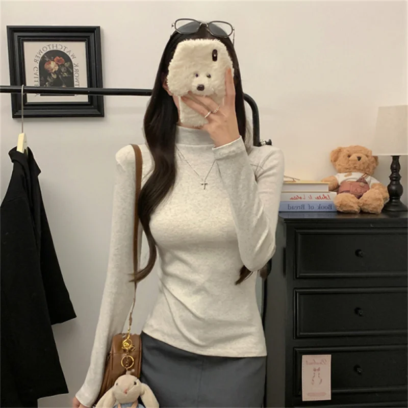 

Threaded Turtleneck Pullover Bottom Shirt Women Inner Simple Casual Knit Cotton Design Long Sleeve Top