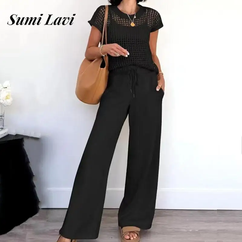 

Women Elegant Hollow Long Pant Suit Fashion O-neck Pullover Top & Straight Pant Set Casual Short Sleeve Solid Loose 2Pc Outfits