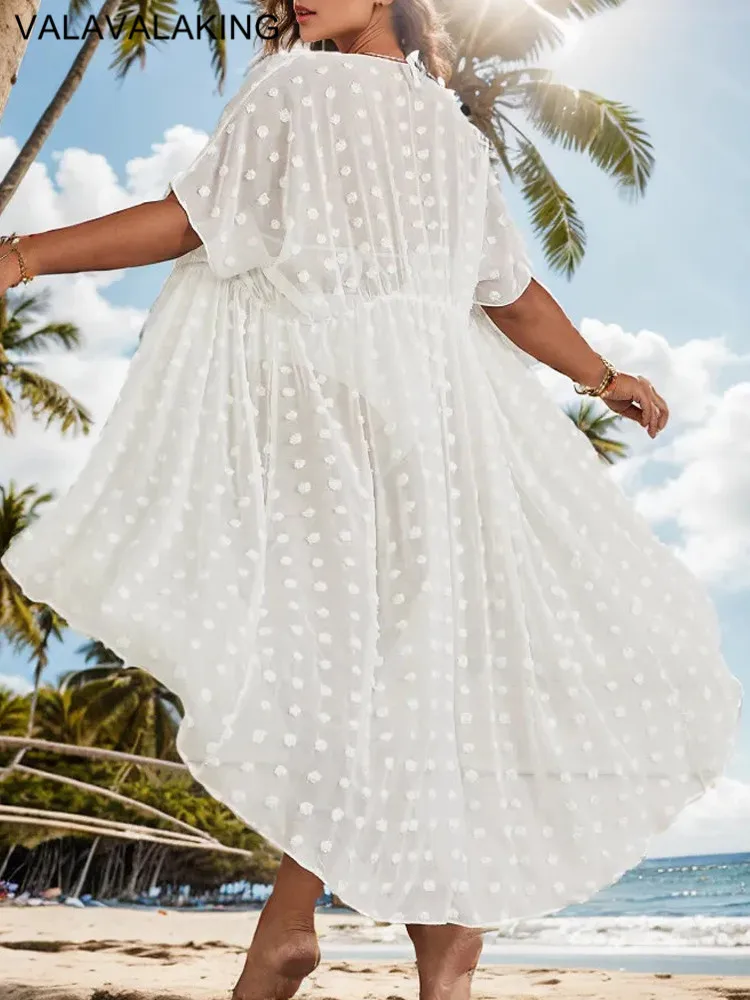 2025 White Women Mesh Plus Size Bikini Cove Up Short Sleeve Large Dress Beach Tunic Lady Chubby Brazilian Swimsuit Cover-Ups