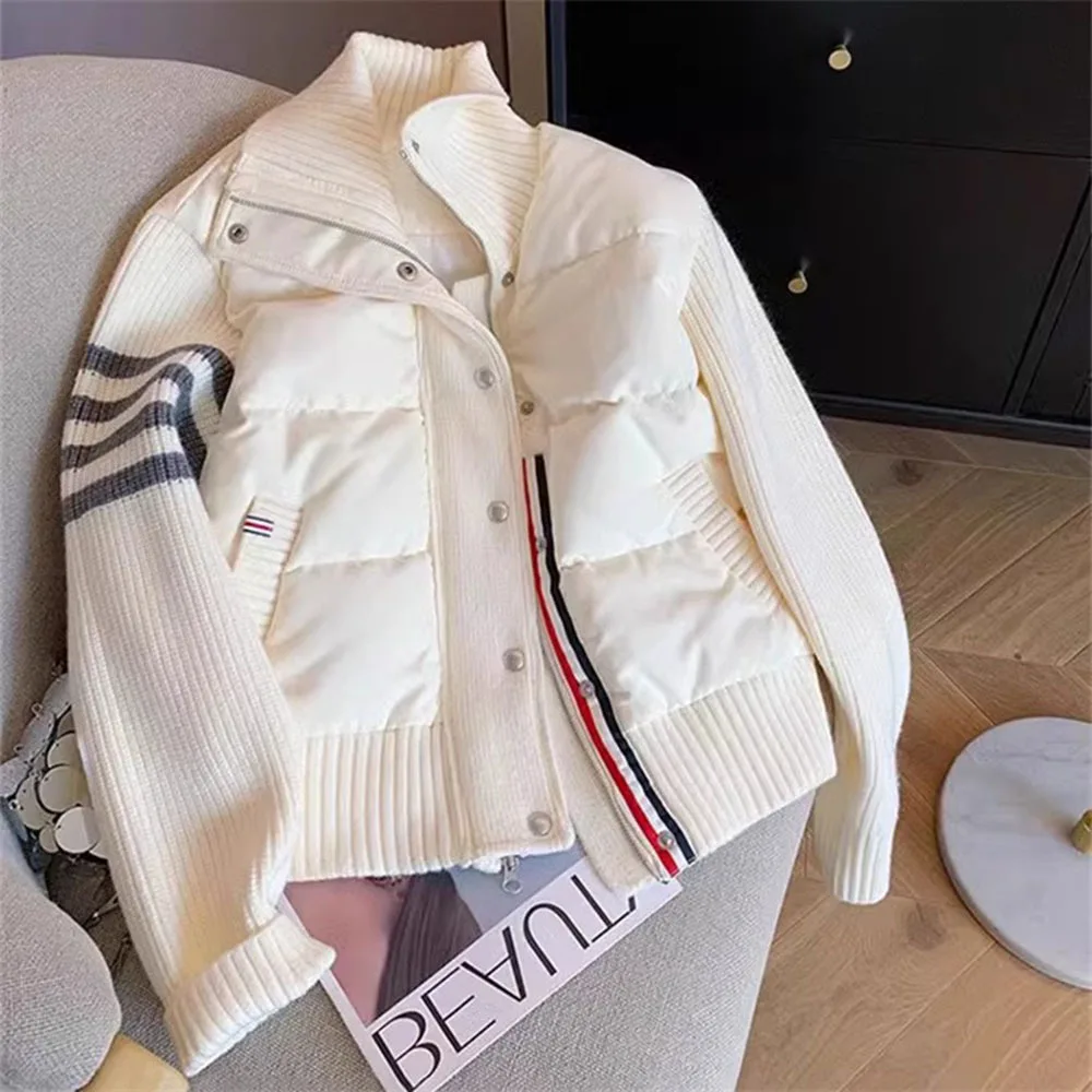 Women\'s Coat Winter 2024 Fashion Knitted Long Sleeve Splicing Cotton Jacket Autumn Sports Leisure Parka Female Short Top Outwear