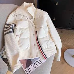 Women's Coat Winter 2024 Fashion Knitted Long Sleeve Splicing Cotton Jacket Autumn Sports Leisure Parka Female Short Top Outwear